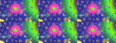 Suluboya elle çizilmiş çiçek desenli eskiz deseni. Parlak renkli fantezi çiçekleri, yapraklar, mavi renkli tomurcuklar.