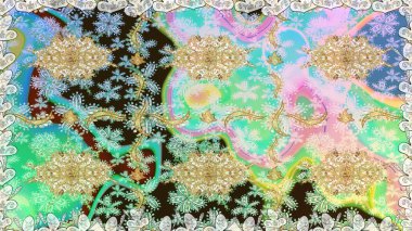 El yapımı dekoratif çerçeve, albüm kapağı, tebrik kartı, klasik Art deco tarzı. Raster soyut çiçek çelengi altın karalama fantezi yaprakları ve tarafsız renklerde çiçek.