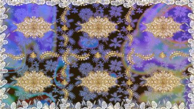 Düz elle çizilmiş klasik koleksiyon. Raster altın pürüzsüz desen. Arkaplan, kumaş, altın duvar kağıdı. Mor renklerde altın desenli altın elementler.