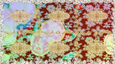 Altın antika ortaçağ dekoratifi, yapraklar ve tarafsız renklerde altın desenli süslemeleri olan dikişsiz bir şablon. Kusursuz kraliyet lüksü, altın barok kumaş rengi..