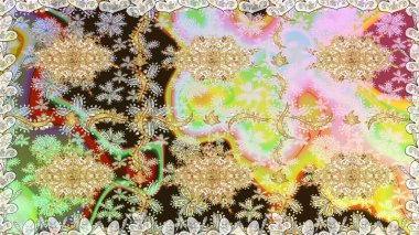 Raster illüstrasyonu. Tarafsız renklerde Royal retro. Klasik çiçek dokusu. Kart, duvar kağıdı, ambalaj ve tekstil için klasik tasarım. Altın şablon. Kusursuz desenli altın elementler.