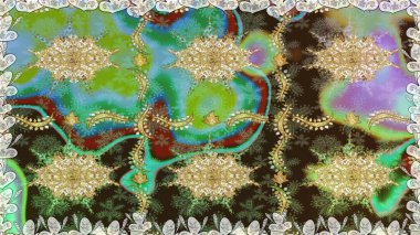 Süslü raster dekorasyonu. Altın elementlerle yeşil renklerde altın desen. Barok tarzında duvar kağıdı tasarımı için kusursuz damaske deseni arkaplanı.