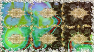 Kusursuz oryantal klasik altın desen. Yeşil renklerde altın tekrarlayan elementler içeren Raster soyut arkaplanı.