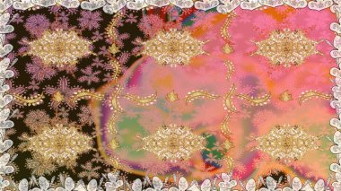 El yapımı dekoratif çerçeve, albüm kapağı, tebrik kartı, klasik Art deco tarzı. Raster soyut çiçek çelengi altın karalama fantezi yaprakları ve pembe renkte çiçek.