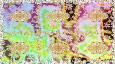 Kusursuz kraliyet lüksü, altın barok kumaş rengi. Altın antika ortaçağ dekoratifi, yapraklar ve tarafsız renklerde altın desenli süslemeleri olan pürüzsüz bir desen..