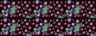 Raster illüstrasyonu. Kumaş, tekstil, duvar kağıdı baskısı için. Renkli desenli eskiz deseni, kahverengi çiçekler ve dekoratif elementlerle. Eski usul. Taslak arkaplan.