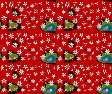 Raster illüstrasyonu. Şirin çiçekli eskiz deseni ve kırmızı renklerde yapraklar, suluboya çiçek deseni, duvar kağıdı, kart veya kumaş için fayanslı.