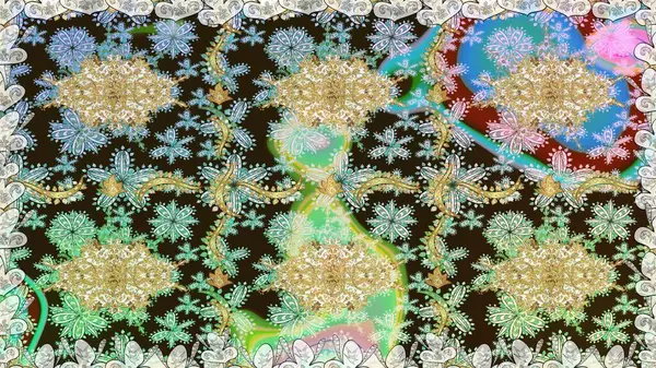 Altın elementlerle nötr renklerde altın desen. Süslü raster dekorasyonu. Barok tarzında duvar kağıdı tasarımı için kusursuz damaske deseni arkaplanı.