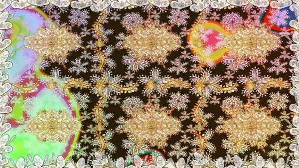 Raster geometrik arka plan. Senin tasarımın için, duvar kağıdı. Altın rengi, kusursuz çizim. Kahverengi üzerine altın, altın çiçeklerle süslenmiş..