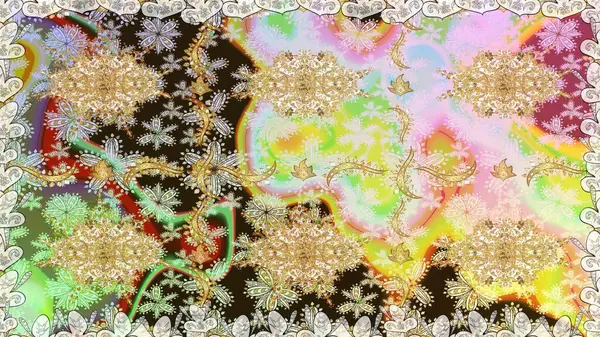 Raster illüstrasyonu. Tarafsız renklerde Royal retro. Klasik çiçek dokusu. Kart, duvar kağıdı, ambalaj ve tekstil için klasik tasarım. Altın şablon. Kusursuz desenli altın elementler.