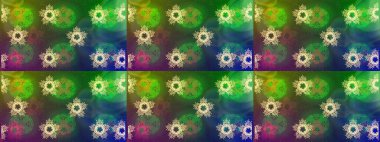 Düşen Noel stili kar taneleri. Kar taneleri, kar yağışı. Güzel, yeşil, mavi ve kahverengi kar taneleri renkli bir arka planda izole edilmiş. Görüntü.