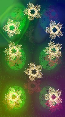 Düz kar karalama ikonları, yılbaşı afişi için kar taneleri silueti, kartlar. Yeşil, mavi ve kahverengi renkler üzerine şirin soyut kar tanesi raster tasarımı. Yeni yıl kar tanesi.