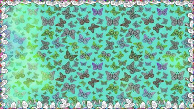 Tekstil, duvar kâğıtları, web sayfası arkaplanları ve yüzey dokuları için mükemmel. Tropikal temalı kelebek deseni. Raster illüstrasyonu. Mavi ve yeşil renkli şirin kelebek deseni..