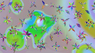 Tarafsız renklerde çok renkli, zarif küçük çiçekler ve komik böcekler, raster deseni, illüstrasyon.