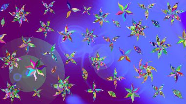 Moda baskıları için zarif bir şablon. Parlak renkli çiçekleri ve mor renkli yaprakları olan harika bir çiçek deseni. Modern çiçek arkaplanı. Halk stili.