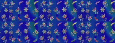 Yumuşak, bahar çiçekli arka plan. Çiçekli karalama şeklinde Raster çiçek deseni. Mavi, yeşil ve mor renkte çiçekler.