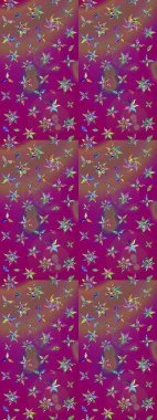 Moda baskıları için zarif bir şablon. Halk tarzı. Parlak renkli çiçekleri ve mor renkli yaprakları olan harika bir çiçek deseni. Modern çiçek arkaplanı.