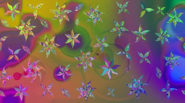 Çok yeşil zarif küçük çiçekler ve yeşil renkli komik böcekler, raster desen, illüstrasyon.