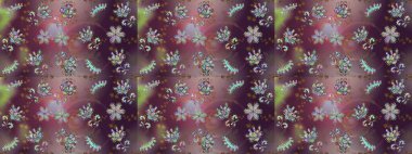 Çiçekli karalama şeklinde Raster çiçek deseni. Kahverengi, mor ve nötr renklerde yaz çiçekleri. Raster illüstrasyonu.