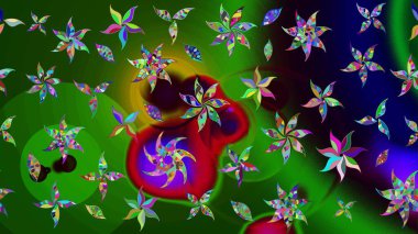 Parlak renkli fantezi çiçekleri, yapraklar, yeşil renkli tomurcuklar. Suluboya el çizimi elementli çiçek çizimi deseni.