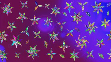 Yumuşak, bahar çiçekleri mor renklerde. Raster illüstrasyonu. Yaprak ve çiçeklerin suluboya resmi, mor renkte çizim deseni.