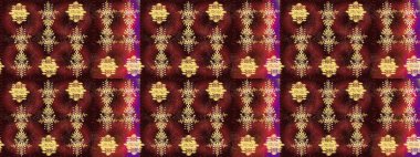 Kar tanelerinin soyut arkaplanlı Noel şablonu. Raster illüstrasyonu. Noel ve yeni yıl moda baskıları için tatil tasarımı. Kahverengi, kırmızı ve sarı kar taneleri.