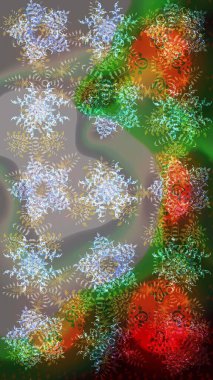 Raster illüstrasyonu. Bokeh grisi, yeşil, kahverengiler ve kar taneleriyle dekoratif Noel geçmişi.