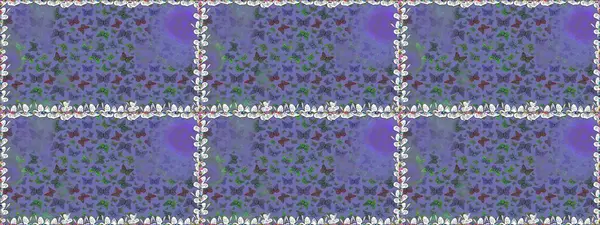 Giysi kumaşı için böcek dokusu parçası tekrarlanıyor. Eflatun ve mavinin arka planında güzel, pürüzsüz bir kelebek bezi var. Raster illüstrasyonu. Bahar Kelebeği teması. Çizim, karalama, karalama. Sonsuz.