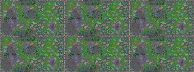 Yeşil ve gri renkli bir resim. Tekstil, kumaş, baskı ve davetiye geçmişi. Kelebeklerle kusursuz desen. Raster..