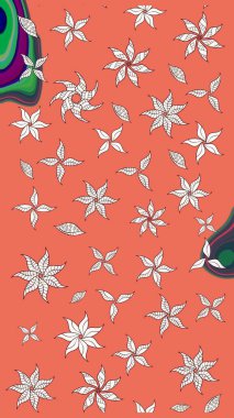 Raster illüstrasyonu. Şirin çiçekli eskiz deseni ve turuncu renkli yapraklar, suluboya çiçek deseni, duvar kağıdı, kart veya kumaş için fayanslı.