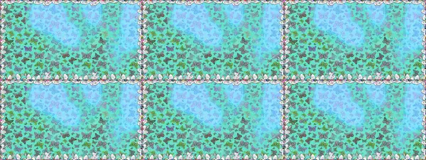 Raster illüstrasyonu. Renkli kelebeklerin kusursuz arka planı. Ambalajlar, duvar kağıtları, kumaş tasarımı ve kağıt için güzel bir arka plan. Mavi ve nötr tatlı kelebekler.