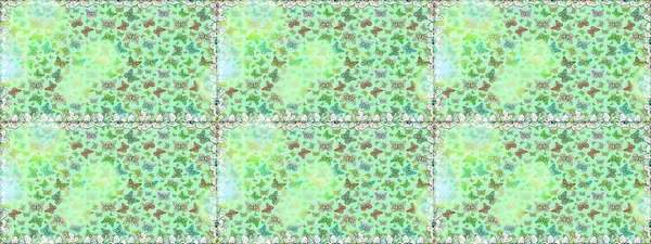 Kumaş, Tekstil, Baskı ve Davetiye için arka plan. Tarafsız ve yeşil arka planda kelebek deseni var. Raster illüstrasyonu.