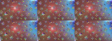 Renkli desenli eskiz deseni, kahverengi çiçekler ve dekoratif elementlerle. Eski usul. Raster illüstrasyonu. Eskiz geçmişi. Kumaş, tekstil ve duvar kağıdı baskısı için..