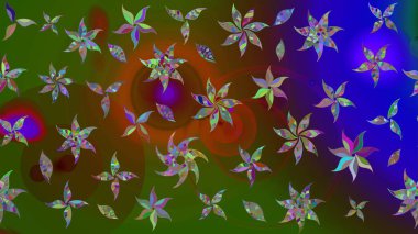 Suluboya elle çizilmiş çiçek desenli eskiz deseni. Parlak renkli fantezi çiçekleri, yapraklar, yeşil renkli tomurcuklar.