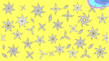 Modern çiçek arkaplanı. Parlak renkli çiçekleri ve sarı ve beyaz yaprakları olan harika bir çiçek deseni. Moda baskıları için zarif bir şablon. Halk stili.