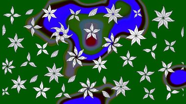 Çiçekler. Soyut etnik raster çizim kalıbı. Vadinin çiçekleri yeşil ve mavi renklerde.