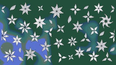 Raster Çiçek İllüstrasyonu güzel tekstil. Yeşil ve mavi renkli etnik çiçeklerle zarif bir eskiz deseni.