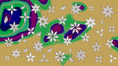 Çok renkli ve yeşil zarif küçük çiçekler ve sarı ve yeşil renkli komik böcekler, raster desen, illüstrasyon.