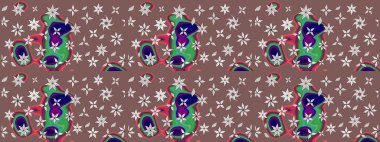 Çiçek buketleriyle klasik bir eskiz şekli. Raster illüstrasyonu. Kahverengi renklerde.