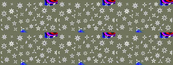 Suluboya elle çizilmiş çiçek desenli eskiz deseni. Parlak renkli fantezi çiçekleri, yapraklar, yeşil ve beyaz renkli tomurcuklar yeşil ve beyaz.