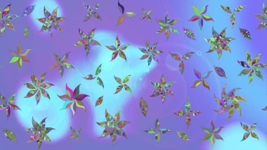 Suluboya elle çizilmiş çiçek desenli eskiz deseni. Parlak renkli fantezi çiçekleri, yapraklar, menekşe renkli tomurcuklar.