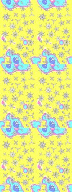 Sarı ve mavi renkli etnik çiçekli zarif eskiz deseni. Raster Çiçek İllüstrasyon Şirin Tekstil.