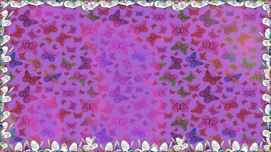 Renkli folklorlu, kelebekli kusursuz desen. Menekşe ve mor arka planda renkli kelebekler. Paketleme, kağıt, kumaş için uygun.