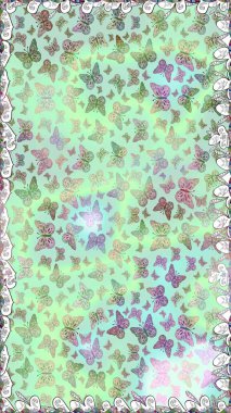 Kumaş, Tekstil, Baskı ve Davetiye için arka plan. Tarafsız ve yeşil renkler üzerine bir resim. Suluboya stilinde uçan kelebeklerin kusursuz deseni. Doğadaki güzellik. Raster illüstrasyonu.