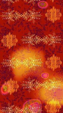 Kar tanelerinin soyut arkaplanı olan şirin bir Noel arkaplanı. Kırmızı, turuncu ve sarı kar taneleri. Noel ve yeni yıl moda baskıları için tatil tasarımı. Raster illüstrasyonu. Renkler.