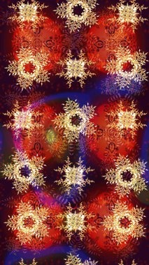 Yüzey için tekrarlanan doku, ambalaj kağıdı, kahverengi ve kırmızı renkler. Renkli arka planda izole kar taneleri. Raster illüstrasyonu. Kış kar tanesi, raster arkaplan.