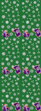 Yeşil renkli bitkilerden oluşan parlak çiçekli çizim deseni.