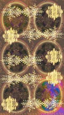 Sihirli kahverengi, bej ve sarı tatil soyut arka plan yıldız ve düşen kar taneleri. Noel kahverengisi, bej rengi ve sarı. Raster illüstrasyonu.