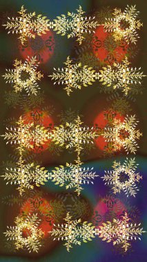 Raster illüstrasyonu. Kar Tanesi Mozaik ikonu. Kahverengi, yeşil ve sarı siluet kar tanesi işareti. Grafiksel element dekorasyonu. Sembol kışı, donmuş, Noel, yeni yıl tatili. Düz tasarım.