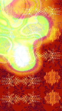 Suluboya, elle çizilmiş. Vadinin çiçekleri kırmızı, sarı ve turuncu renklerde. Raster - stok. Taslak arkaplan deseni.